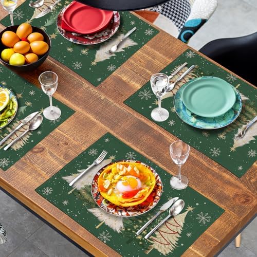 Green Christmas Tree Placemats Set of 4, 12x18 Inch Xmas Trees Snowflakes Winter Holiday Place Mats Seasonal Washable Linen Table Mats for Indoor Outdoor Kitchen Dining Party Décor