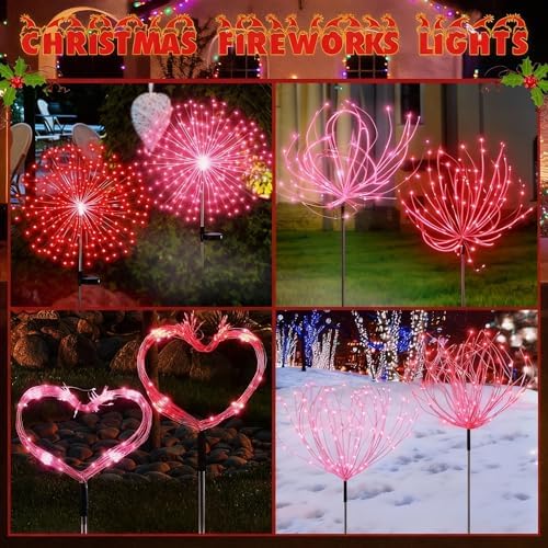 Tujoe 4 Pack Valentines Day Solar Firework Lights 180 LED 8 Lighting Modes Waterproof Solar Lamps Decorative Garden Stake Lights for Valentines Wedding Party Pathway Patio Decor