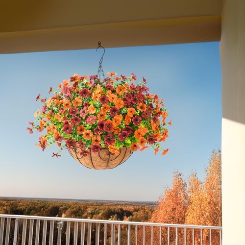 Artificial Fall Hanging Flowers Basket, UV Resistant Mums for Outdoors
