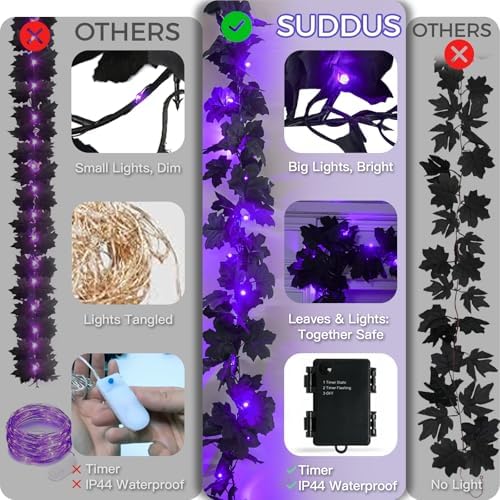 suddus Halloween Garland with Lights Black Maple Leaves Battery Operated