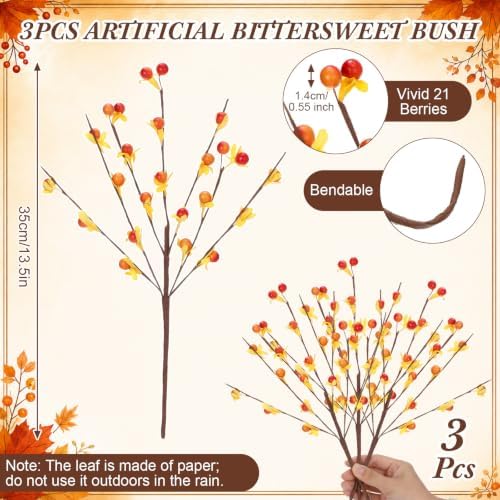 3 Pcs Artificial Fall Bittersweet Sprays 13.8 Inch Faux Berry Stems with 7 Branches Autumn Farmhouse Home Decor for Vase, Table Centerpieces, Thanksgiving, Indoor Arrangements