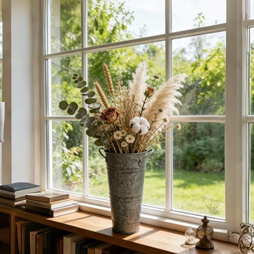 9 Inch Black Metal Flower Buckets, Set of 6 - Rustic Vases with Handles