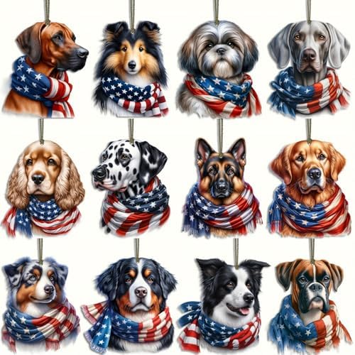 12 Pcs 4th of July Hanging Ornament for Tree 250th Anniversary Decor 2D Wooden Independence Day Cute Dog Designs Patriotic Animal Hanging Ornaments for Party Home Office Decoration