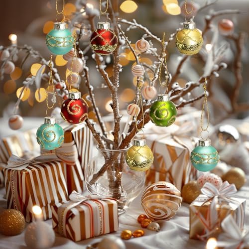 24 Pcs Christmas Mini Glass Ball Ornaments, Mini Glitter Xmas Hanging Balls