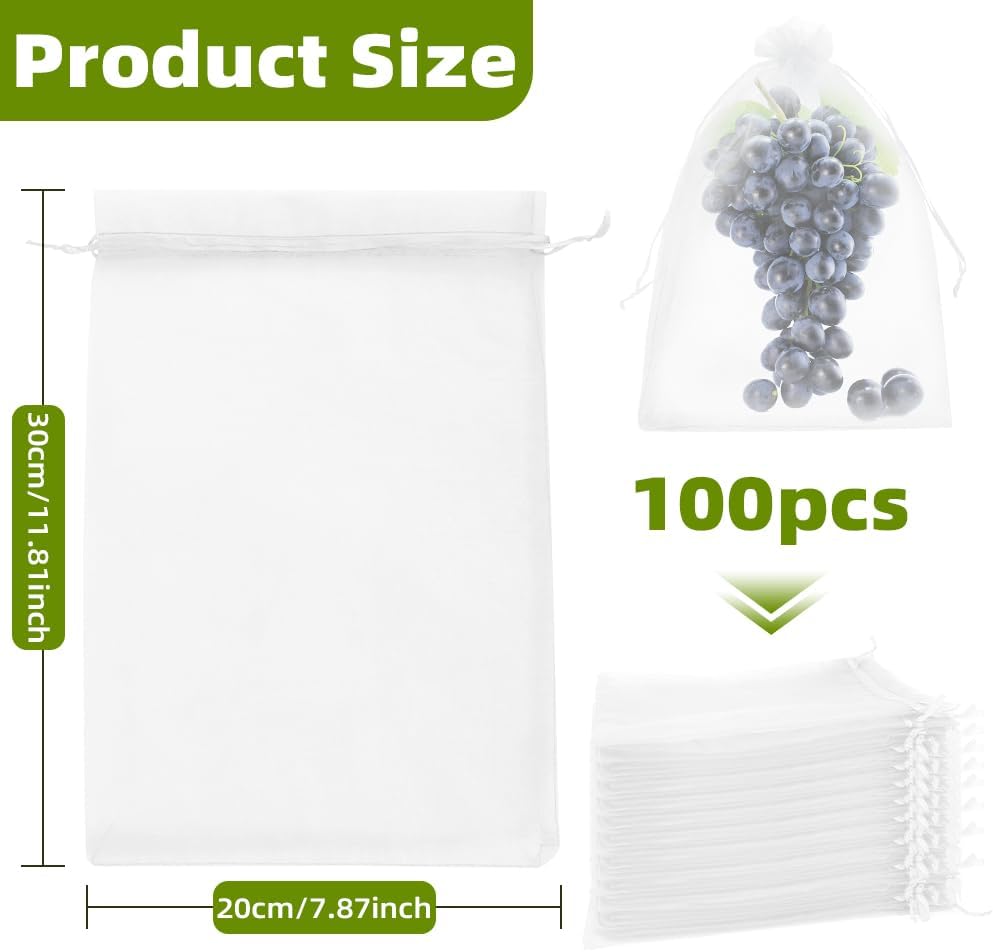 100Pcs Fruit Protection Bags 8''×12'' Fruit Netting Bags for Fruit Trees White Fruit Netting Cover Mesh Bags with