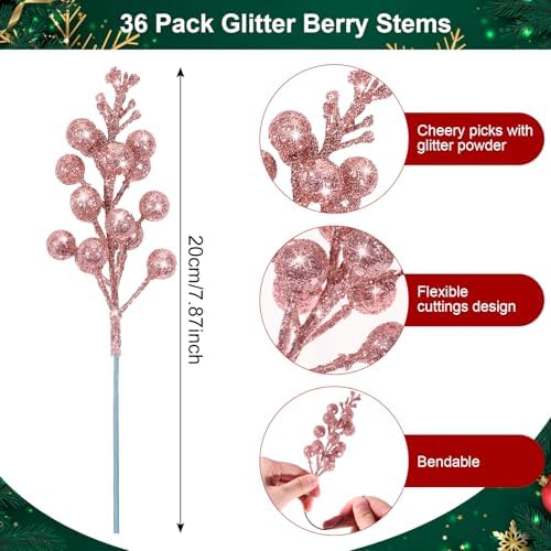 Geosar 36 Pcs Christmas Glittered Berries Stems, Rose Gold