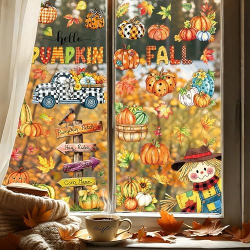 Fall Window Clings Maple Leaves Pumpkins Scarecrow Truck Autumn Harvest, 9 Sheets Thanksgiving Window Clings for Glass Windo Fall Decor Indoor Windo Decals