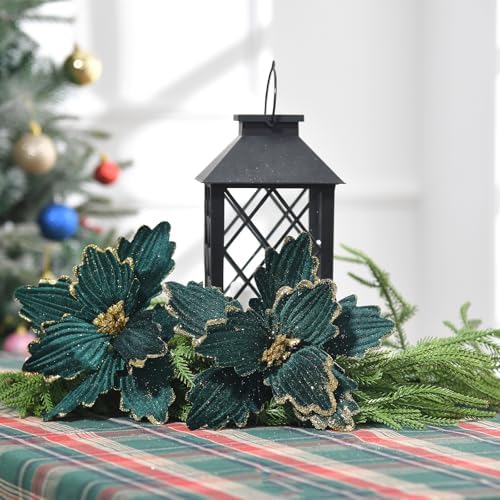 10 PCS Glitter Poinsettias, 8.7" Artificial Christmas Flowers, Dark Green