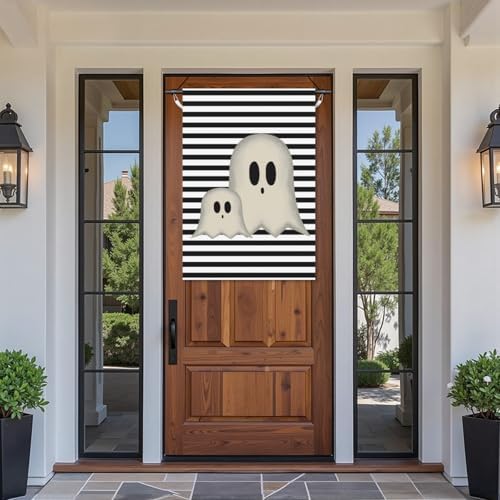 Halloween Garden Flags 28x40 Inch Ghost Black and White Stripes Large Flags for Outside Holiday Scary House Yard Flag for Lawn Outdoor Decorations Sign