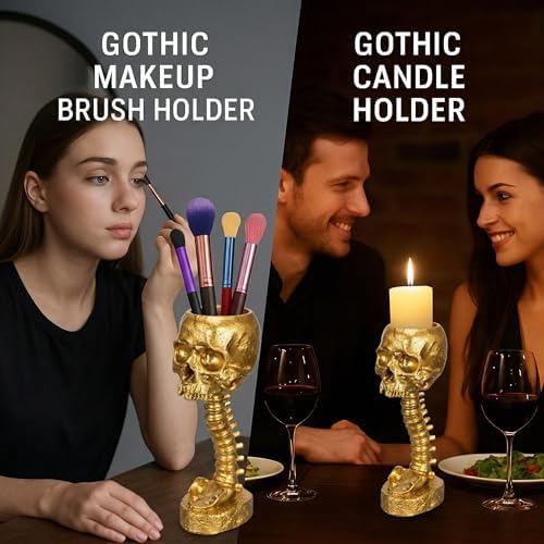 Skull Planter Spine Gothic Vase - Gold Spinal Skull Candy Bowl, Horror 11.6" Halloween Flower Vase Goth Decor, Spooky Home Decor Skeleton Planter Pot, Candle Holder, Spooky Gifts For Women, Girlfriend