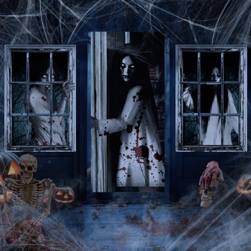 Fanfanwin 3 Pcs Halloween Door Window Cover Set Scary Decor, Female Ghost