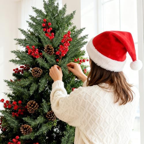 80pcs Artificial Christmas Pine Branches with Red Berry Stem Pine Cone Stem Norfolk Pine Stem Christmas Greenery Floral Pick for Christmas Tree Wreath Garland DIY Crafts Xmas Home Decoration