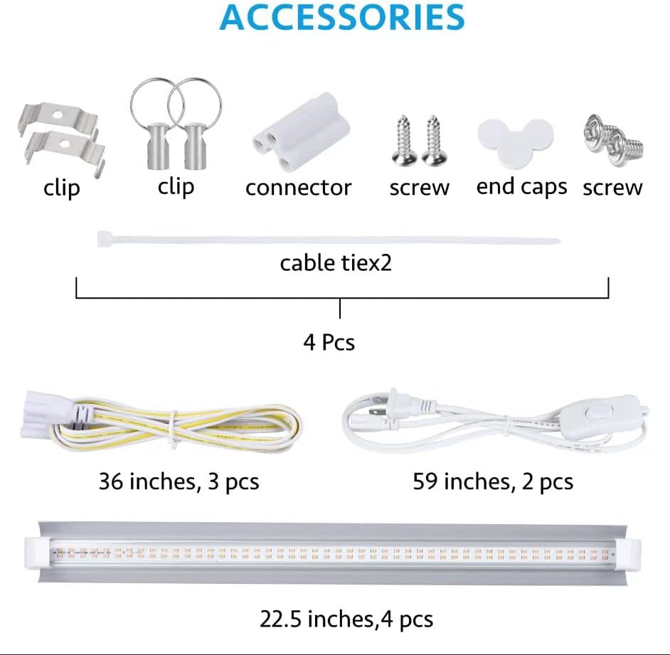 Grow Light, 2ft T8,100W(4 x 25W, 600W Equivalent), Super Bright, Full Spectrum Sunlight Plant Light, LED Grow Light