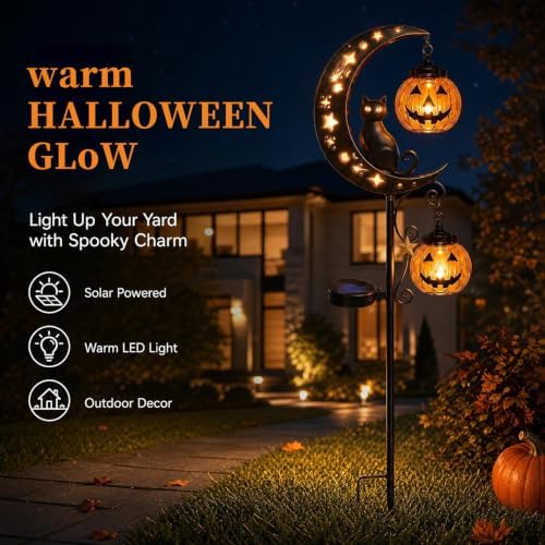 Solar Halloween Black Cat & Pumpkin Moon Garden Stake Light, Jack-o'-Lantern Lantern Solar Outdoor Waterproof LED Yard Decoration with Crescent Moon, for Garden, Patio (Style A)