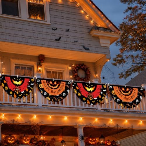4 Pcs Happy Halloween Fan Flag Banner, Monster Eyes Yard Fence Wall Hanging Bunting Flag - Indoor/Outdoor Decoration, 1.5x3 Ft