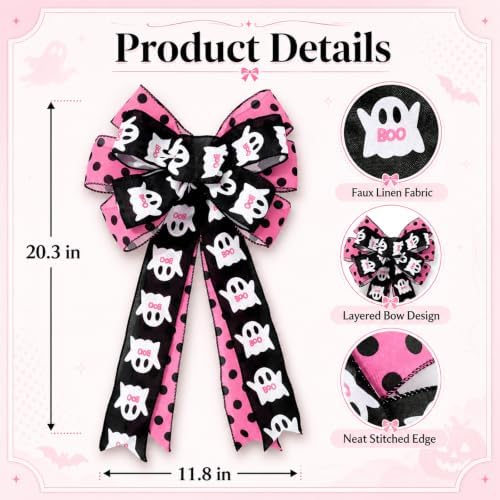 JarThenaAMCS Halloween Wreath Bow Ghost Boo Polka Dots Wired Edge Bow Pink Black Fabric Craft Bowknot for Front Door Tree Topper Indoor Outdoor Decor, 11 x 20.3 Inch