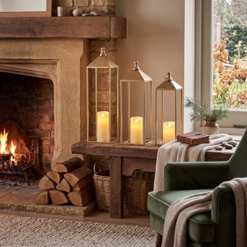 3 Pcs Large Gold Decorative Lanterns with Candles, Metal Candle Lantern