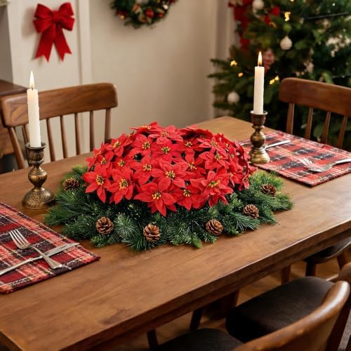 8 Pack Artificial Poinsettia Flowers, Large Red Velvet Poinsettia Bush Stems 11.8 Inch with 7 Flower Heads, Faux Xmas Flowers Picks with Green Leaves for Christmas Tree, Wreath, Garland, Vase Décor