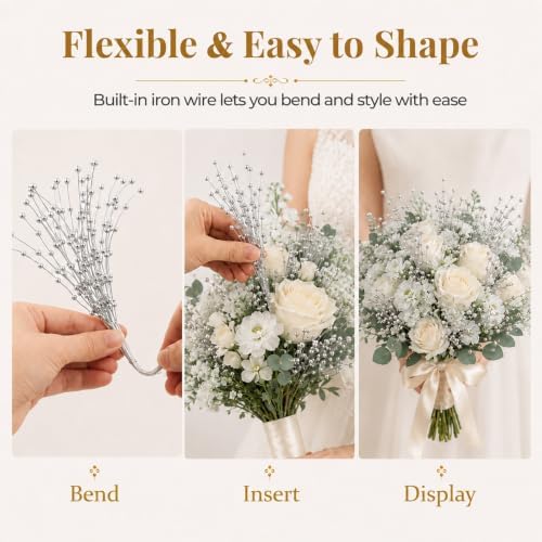 60 Pieces Pearl Stick Stems Bouquets, 4mm Bead String Garland Beaded Spray Filler Floral Arrangements Tree Picks Wedding Party Decoration, Mother's Day Flower Decor, Christmas Tree Picks (Silver)