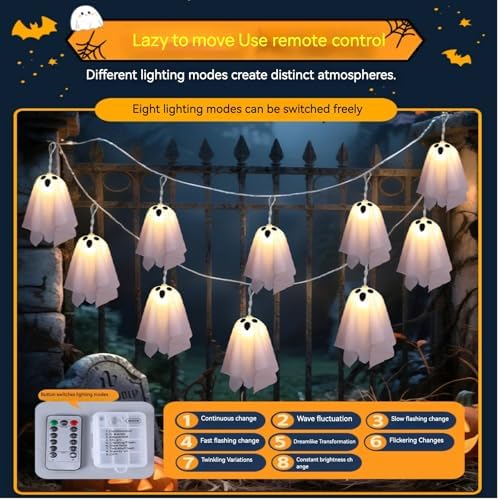Halloween Ghost String Lights, 8.2FT 10 LED – Battery Operated with Timer, 8 Lighting Modes, Waterproof for Indoor/Outdoor, Light Up Ghost Garland, Perfect for Porch, Window, Party or Haunted House