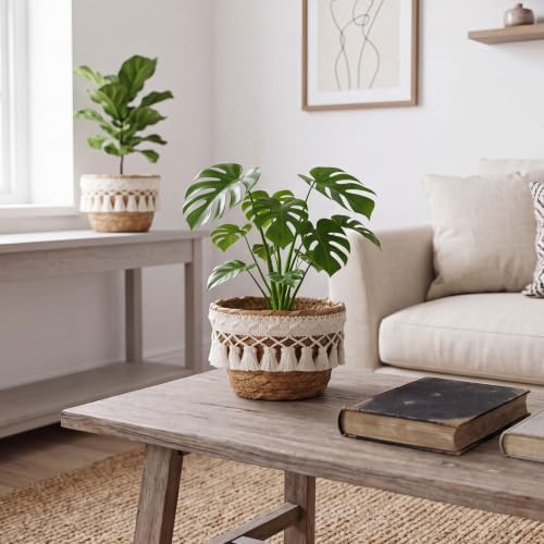 4 Pcs Straw Plant Baskets with Tassel, Indoor Rattan Woven Flower Baskets with Plastic Liner, Cattail Plant Planter for Indoor Outdoor Rustic Boho Home Farmhouse Floor Potted Pots Decor