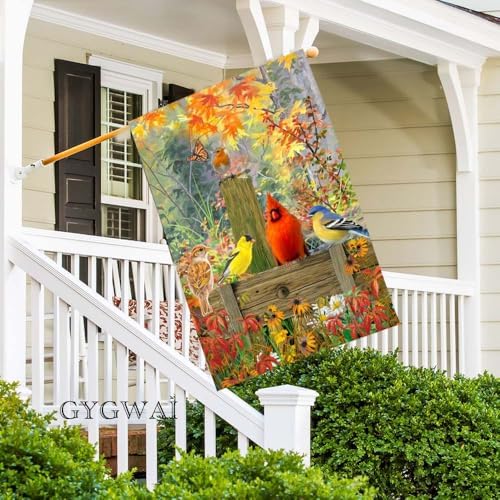 Fall Cardinal Maple Leaves House Flag 28x40 Inch Double Sided, Autumn Large Burlap Yard Flag for Outside Seasonal Thanksgiving Decoration