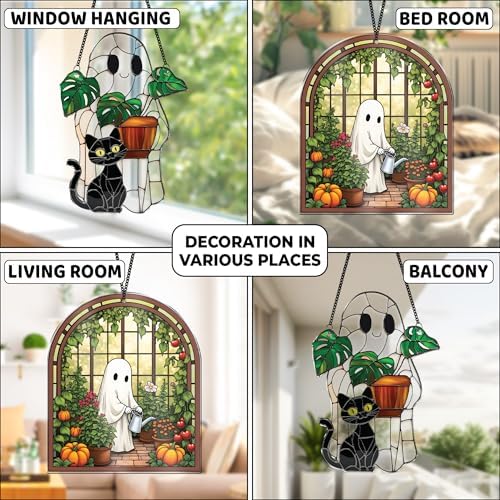 2 Cute Boo Halloween Decoration, Spooky Ghost & Black Cat Plant Suncatchers