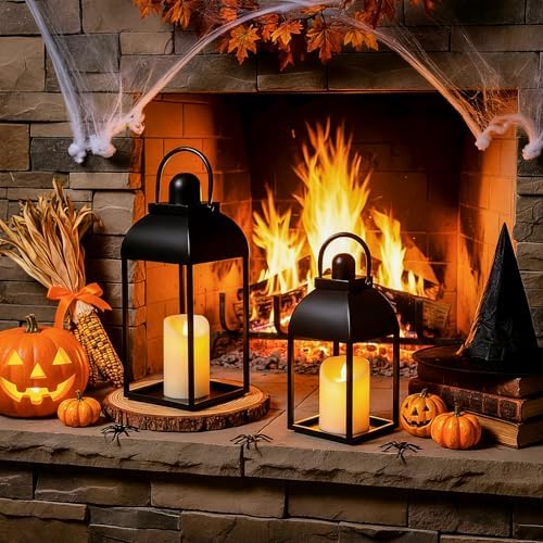 Lanterns Decorative Indoor 15" 11" Set of 2 Black Metal Lantern with Candle