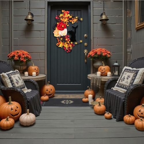 Halloween Wreath with Lights, Crescent Moon Bat Wreath for Door