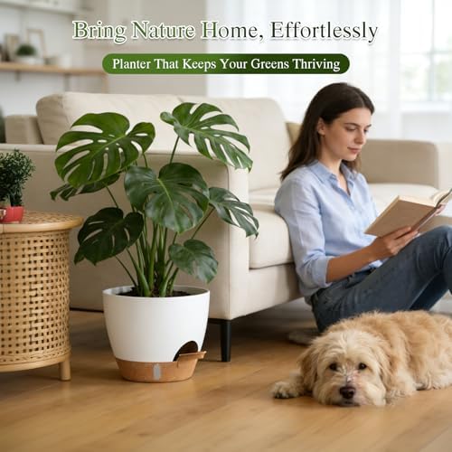Plant Pots, 1 Pack 12 Inch Self Watering Pots with Drainage Holes, Water Level Indicator Deep Reservoir, Large Planters for Indoor Outdoor Plants - White Brown