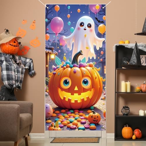 Halloween Door Cover, Funny Ghost Trick or Treat Front Porch Sign Banner, Cute Halloween Decoration and Supplies for Home 36x72 Inch