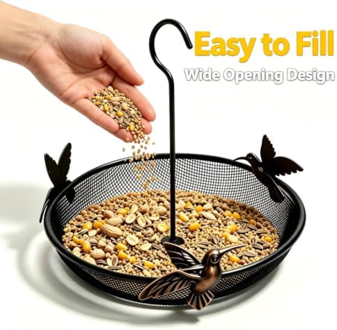 KiRuan Hanging Bird Feeder Tray, Metal Mesh Platform Feeders for Small Wild Birds, Mesh Bird Feeders for Outdoors, Easy to Refill and Clean (Chain and Hook Bird Feeder Tray)