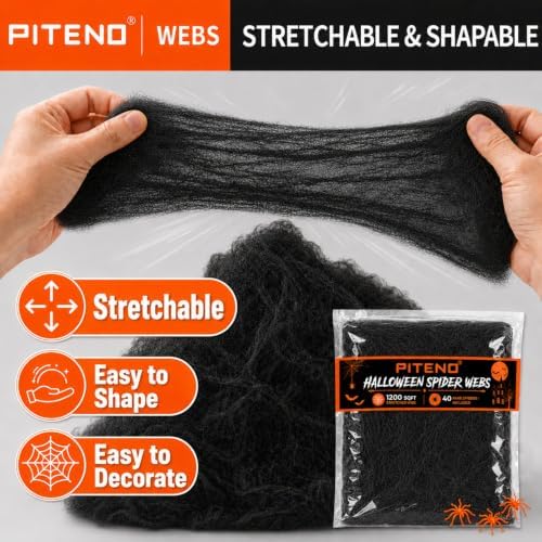 Piteno® 1200 sqft Spider Webs Halloween Decorations with 40 Fake Spiders, Stretchable Halloween Spider Webs for Indoor Outdoor Haunted House Yard Porch Party Decor (Black)