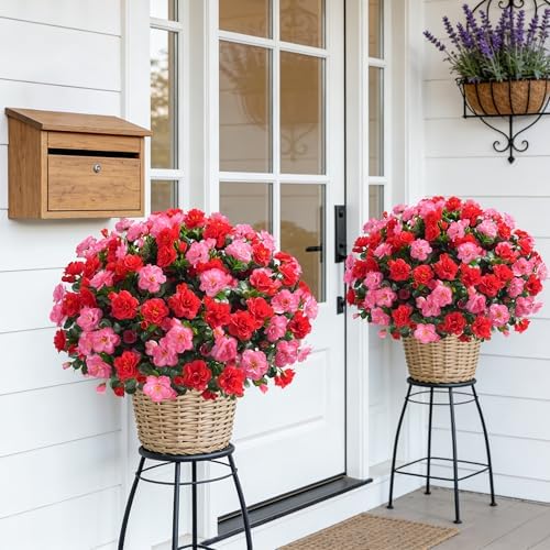 Artificial Faux Outdoor Flowers Plants for Spring Summer Decoration, Fake Silk Camellia UV Resistant Look Real for Planter Outside Front Door Porch Patio Balcony, 3 Large Bundles (Melon Red+Red)