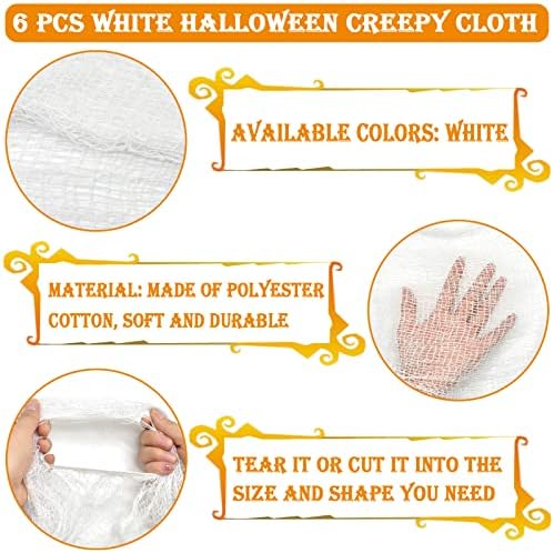 ZeeDix 6 Pack White Halloween Creepy Cloth 30 × 75 Inch - Halloween Cheesecloth Decoration Spooky Scary Gauze Black Cheese Cloth for Party Supplies Outdoor Yard Home Wall Doorway