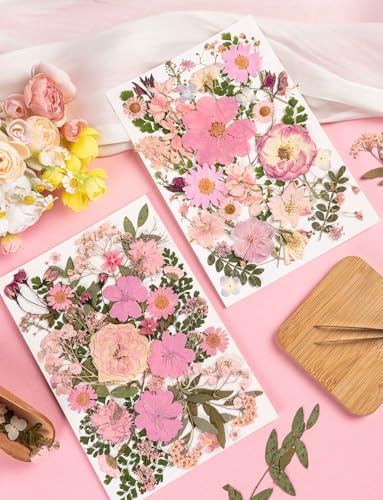 80pcs Pink Pressed Flowers Bulk, Romantic Dried Flower Leaves, Natural Pressed Dried Flowers with Tweezer for DIY Crafts Resin Mold Candles Cake Bridal Scrapbooking Supplies