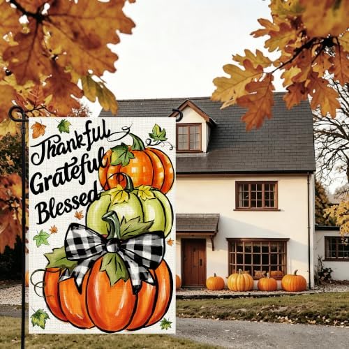 Thanksgiving Garden Flag 12x18 In, Pumpkin with"Thankful Grateful Blessed"