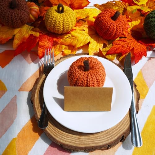 Winlyn Set of 6 Faux Fall Harvest Crochet Pumpkins in Orange, Yellow, Green, Brown, Cream Rustic Farmhouse Pumpkins for Thanksgiving, Halloween, Autumn Mantel, Table Decor