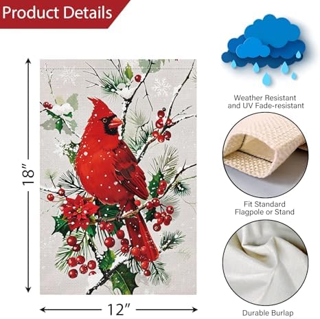 Louise Maelys Christmas Winter Cardinal Garden Flag Floral 12x18 Inch Double Sided Snowy Welcome Xmas Holiday Seasonal Small Burlap Yard Sign Outside Home Outdoor House Decoration