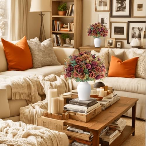 GTIDEA 6 Pcs Artificial Fall Flowers Silk Fall Bouquet Fake Rose Orange