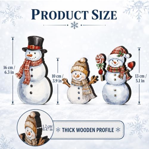 Suzile 3 Pcs Wooden Snowman Figurines, Christmas Tabletop Decor