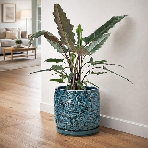 D'vine Dev Embossed Leaves Ceramic Planter, 8 in, Ocean Teal, 27-A-Q-8