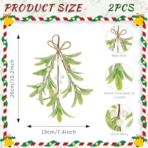 2 Pcs Frosted Mistletoe Hanging Decorations, 10.6'' Artificial Mistletoe Ornament Hanging Kissing Ball with Berry for Christmas Winter Holiday Decor (2, White)