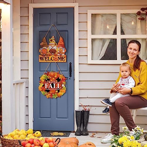 Thyle 2 Pcs Fall Door Sign Pumpkin Pumpkin Gnome Wooden Hanger