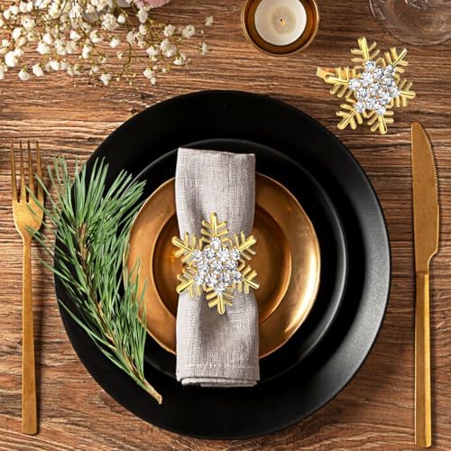Halatool Christmas Napkin Rings Set of 12, Gold Snowflake with White Rhinestone Napkin Holder for Christmas Thanksgiving Winter Holiday Place Setting, Weddings, Party Table Decoration