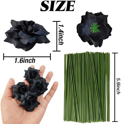 RONYOUNG 55PCS Artificial Mini Roses with Stems, Silk Fake Flower Heads, 1.77 Inch, Black, for Wedding, Halloween, Crafts, Home Decor