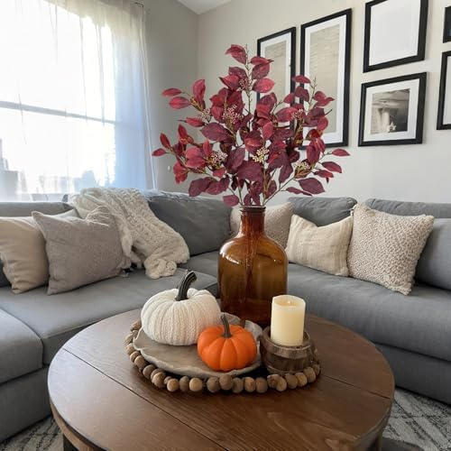 32" Artificial Burgundy Fall Euonymus Leaves Stems with Flower Seeds, 3 Pcs