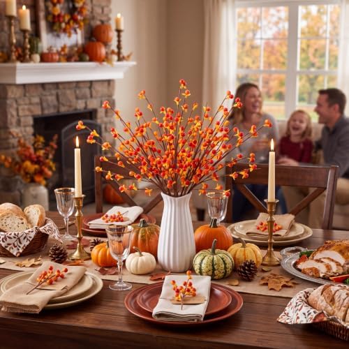 3 Pcs Artificial Fall Bittersweet Sprays 13.8 Inch Faux Berry Stems with 7 Branches Autumn Farmhouse Home Decor for Vase, Table Centerpieces, Thanksgiving, Indoor Arrangements