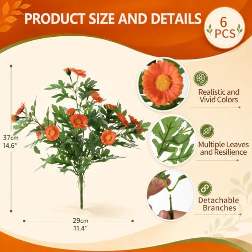 INQCMY Fall Artificial Mums Flowers for Outdoors Planter Fake Plants 6 PCS