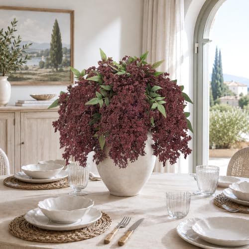 6 Pcs 43'' Artificial Nandina Berry Stems Burgundy Faux Branches Home Decor